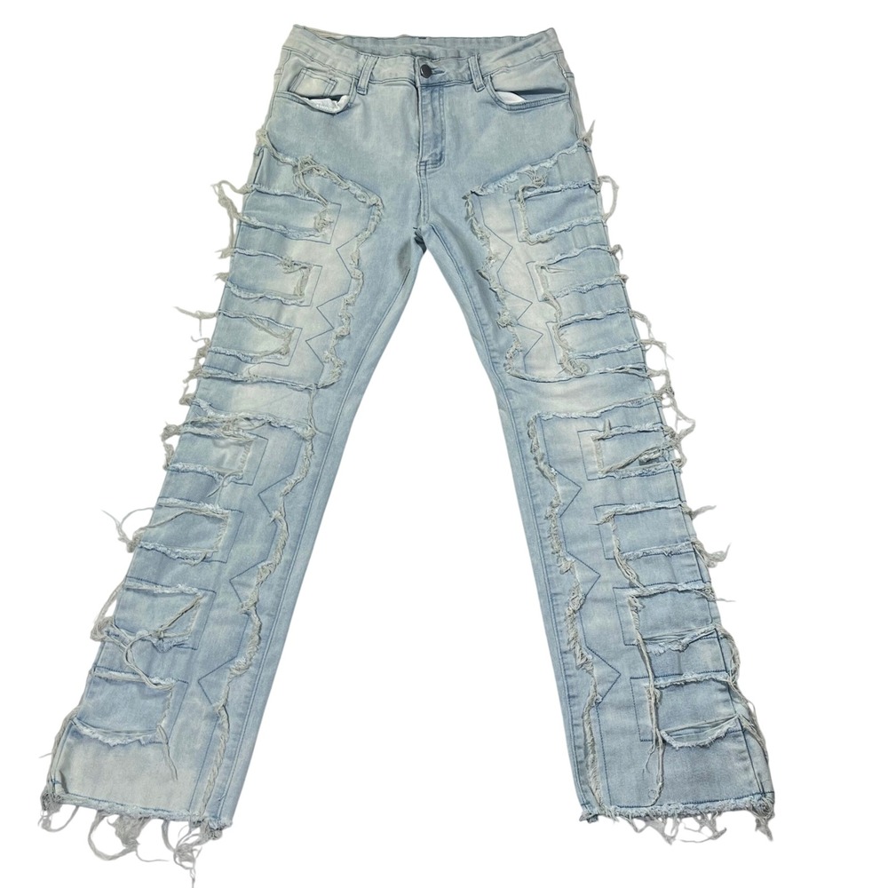 ROMWE Patchwork Distressed Jeans Mens M Light Wash Frayed Raw Hem Streetwear